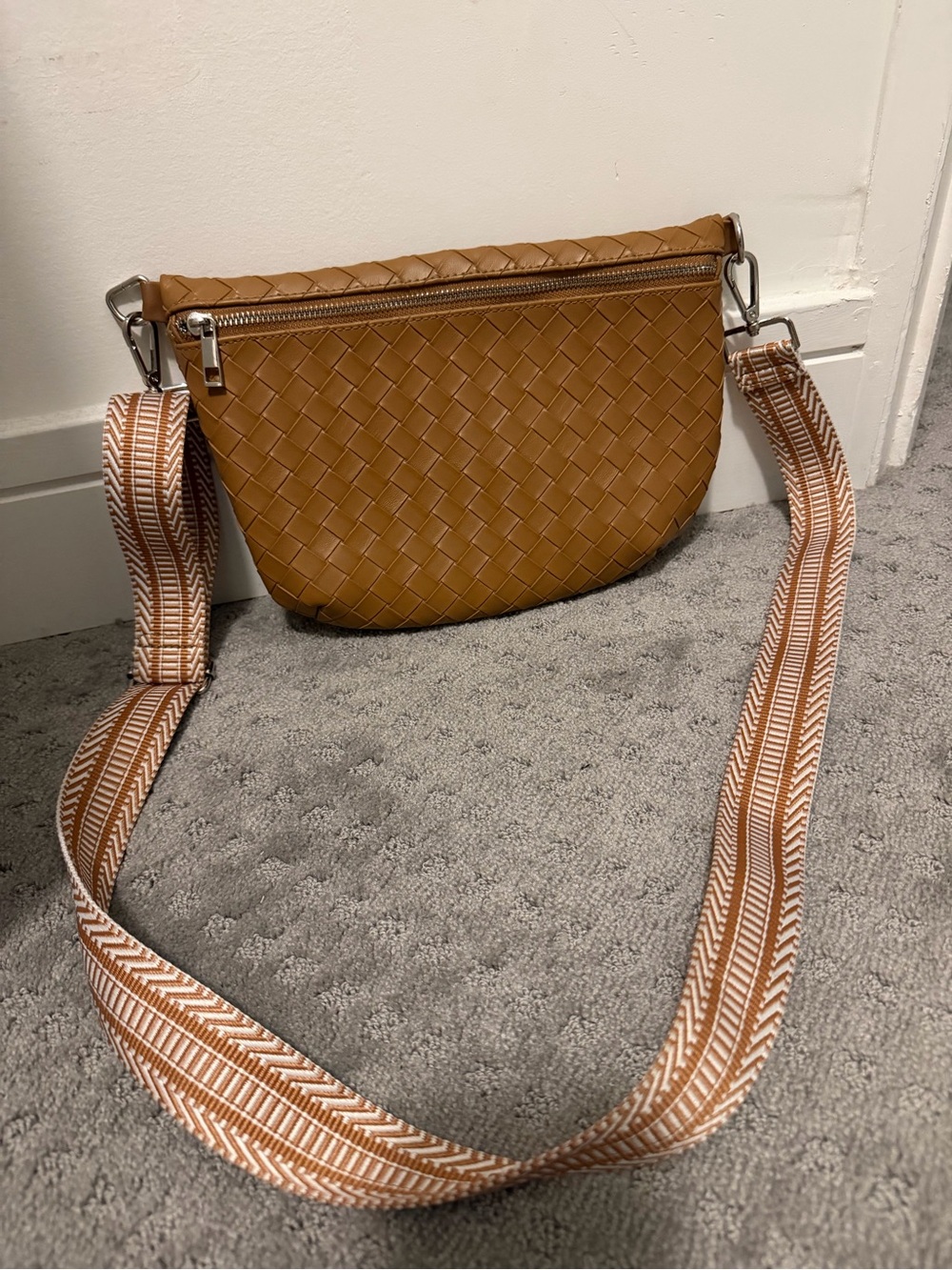 Woven Leather Crossbody Bag in Tan - Adjustable Strap